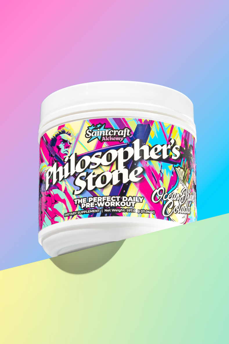 Saintcraft Alchemy Pre-workout supplement container with colorful label on a gradient background